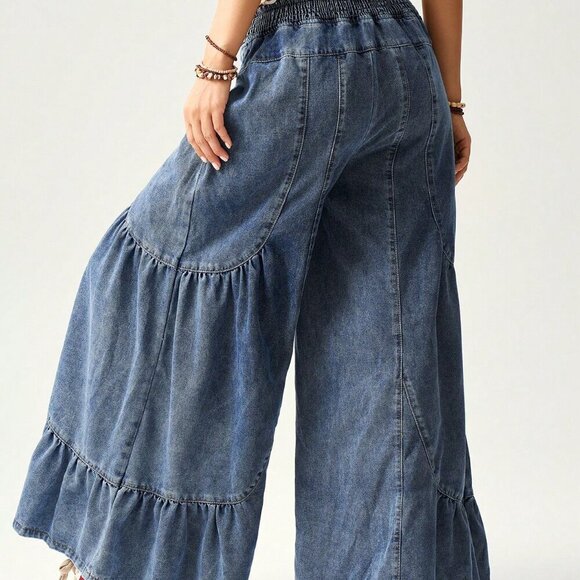 Blue Casual Women's Woven Loose Wide-Leg Washed Denim Pants - Picture 8 of 8